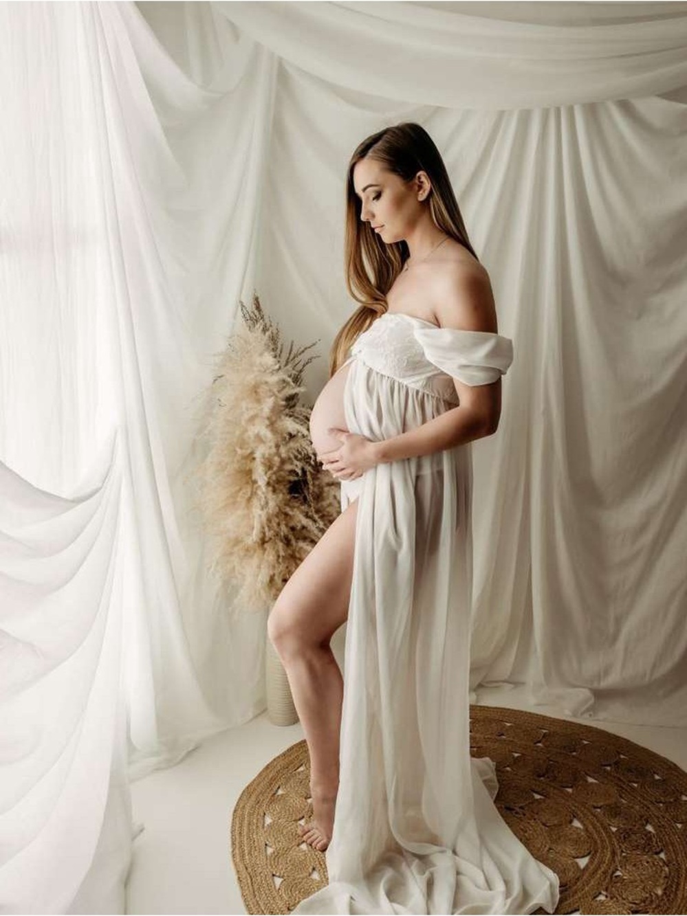 Off-shoulder Grenadine Cross Chest Maternity Dress